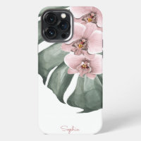 Pink Orchids on Monstera Tropical Floral with Name