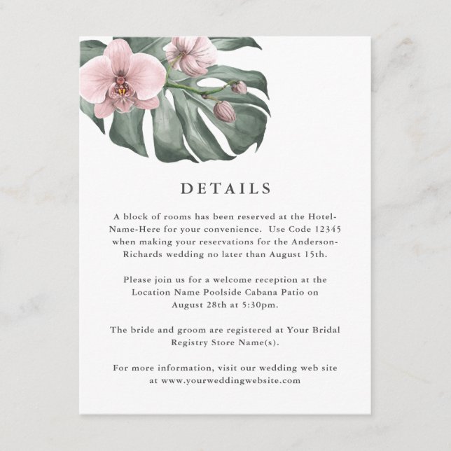 Pink Orchids on Monstera Tropical Wedding Details Enclosure Card (Front)