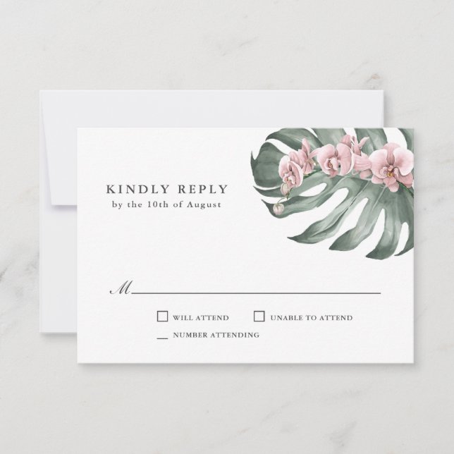 Pink Orchids on Monstera Tropical Wedding RSVP Card (Front)