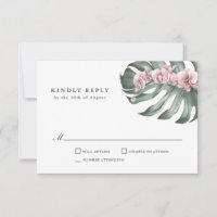 Pink Orchids on Monstera Tropical Wedding RSVP