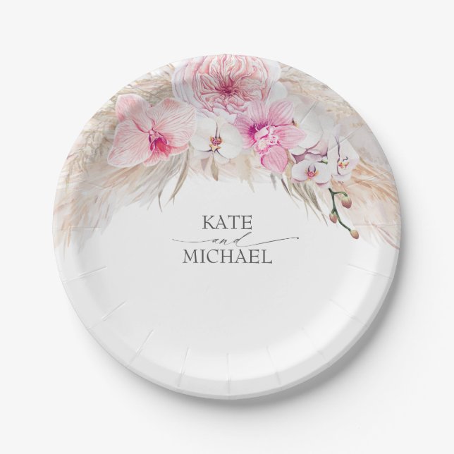 Pink Orchids Pampas Grass Tropical Exotic Paper Plate (Front)