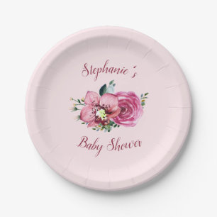 Pink Orchids & Roses Baby Shower Paper Plate