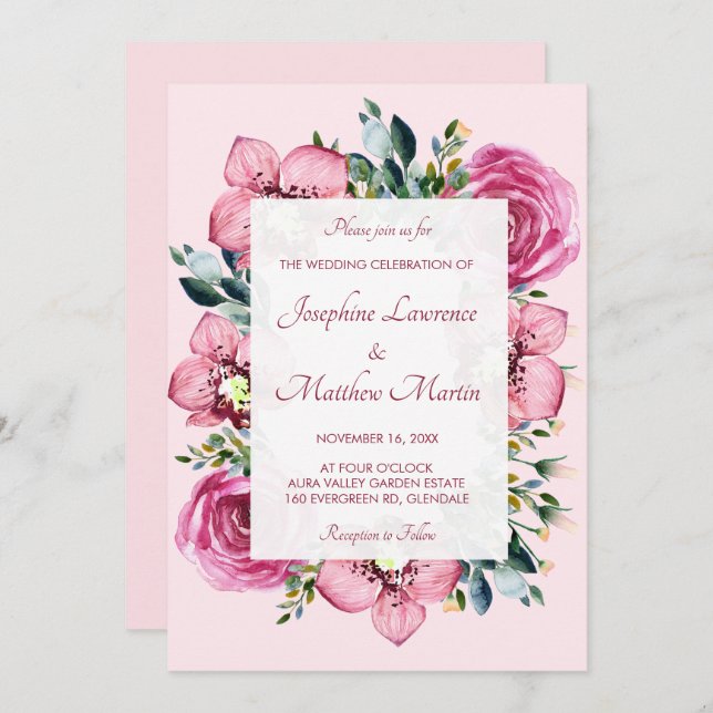 Pink Orchids & Roses Wedding Invitations (Front/Back)