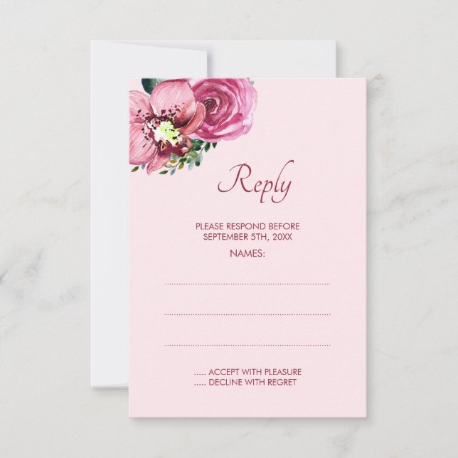 Pink Orchids & Roses Wedding Reply Cards (Front)