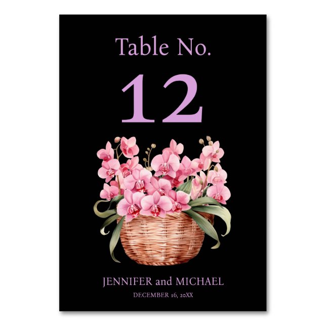 Pink Orchids Watercolor Black Wedding Table Number (Front)