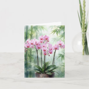 Pink Orchids With Bamboo Trees Holiday Card