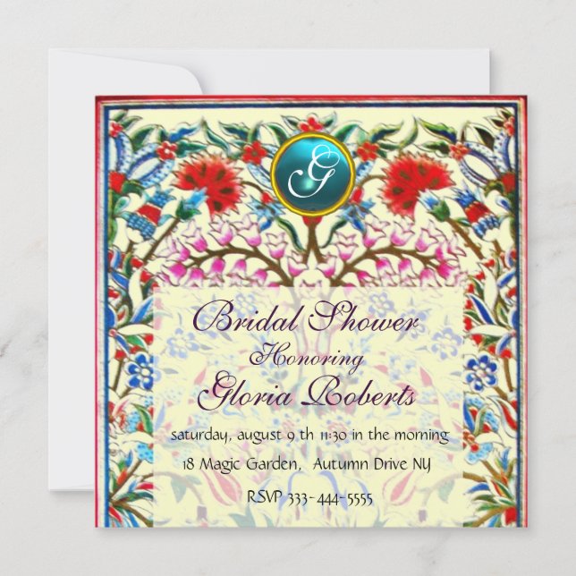 PINK ORIENTAL FLOWERS DAMASK MONOGRAM Blue Silver Invitation (Front)