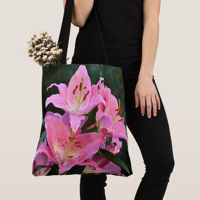 Pink Oriental Lilies Floral Tote Bag (Close Up)