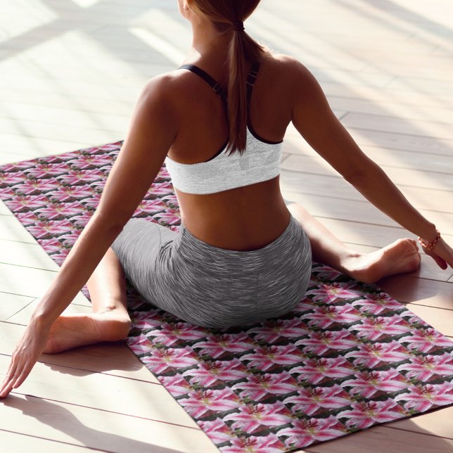 Pink Oriental Lily Floral Pattern Yoga Mat (In Situ (Person on Mat))
