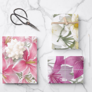 Pink Oriental Lily Flowers Wrapping Paper Sheet