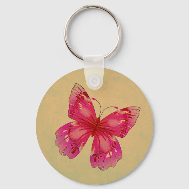 Pink Oriental vintage butterfly art Key Ring (Front)