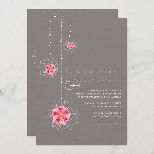 Pink Origami Hanging Ornament Lights Asian Wedding Invitation (Front/Back)