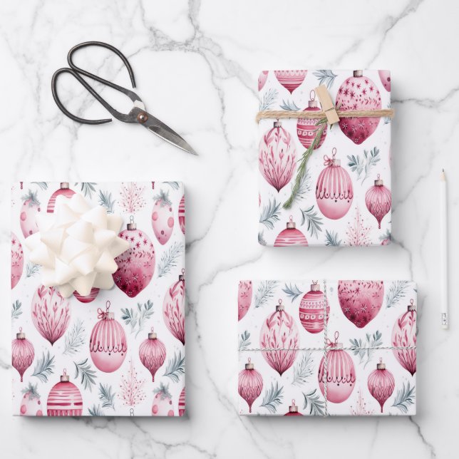 Pink ornaments for festive gift wrapping paper sheet (Front)