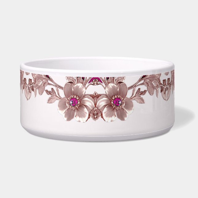 Pink Ornate Floral Ceramic Pet Bowl (Front)