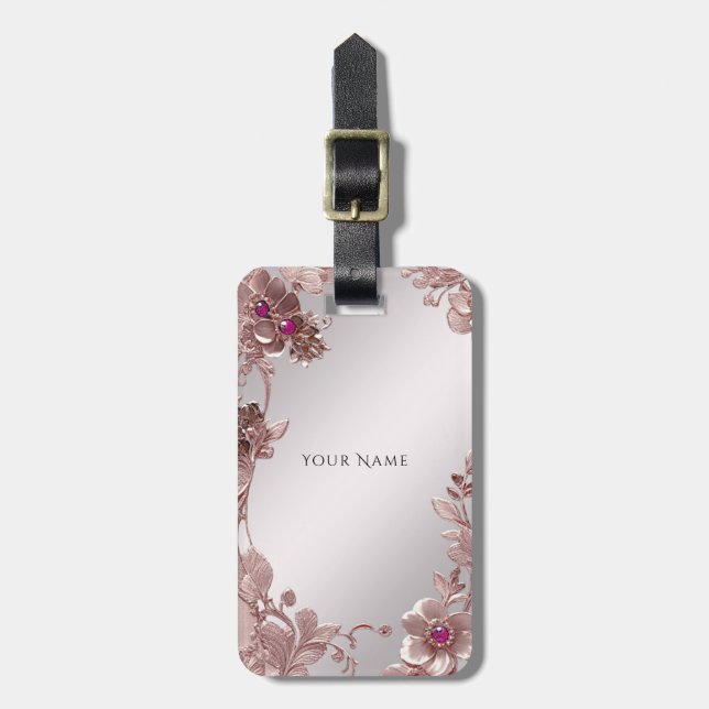 Pink Ornate Floral Luggage Tag (Front Vertical)