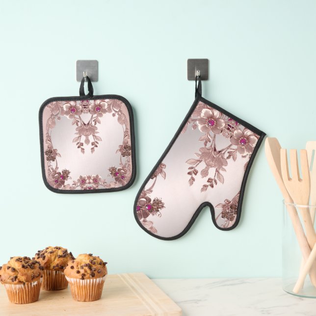 Pink Ornate Floral Oven Mitt & Pot Holder Set (Insitu(Hanging))