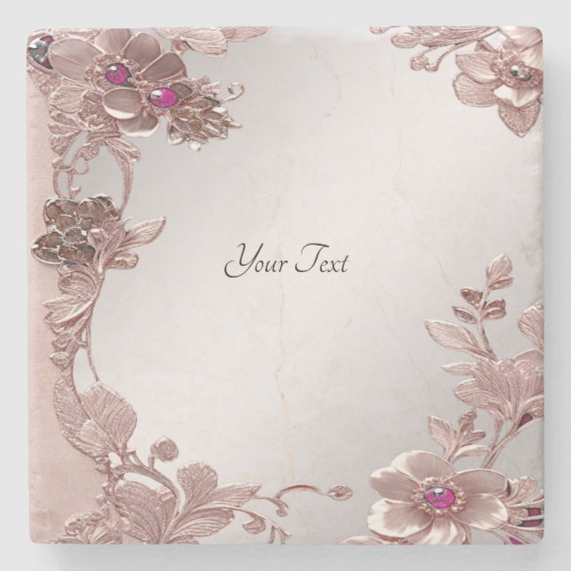 Pink Ornate Floral Stone Coaster (Front)