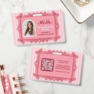 Pink Ornate Frame Employee ID Badge with Photo