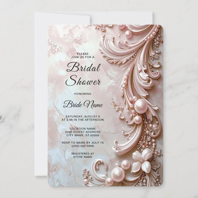 Pink Ornate Pearl and Floral Bridal Shower Invitation (Front)