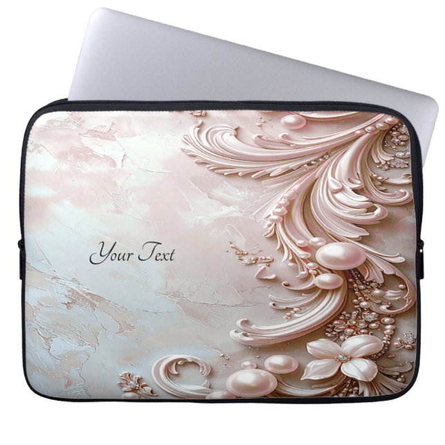 Pink Ornate Pearl and Floral Laptop Sleeve (Front)