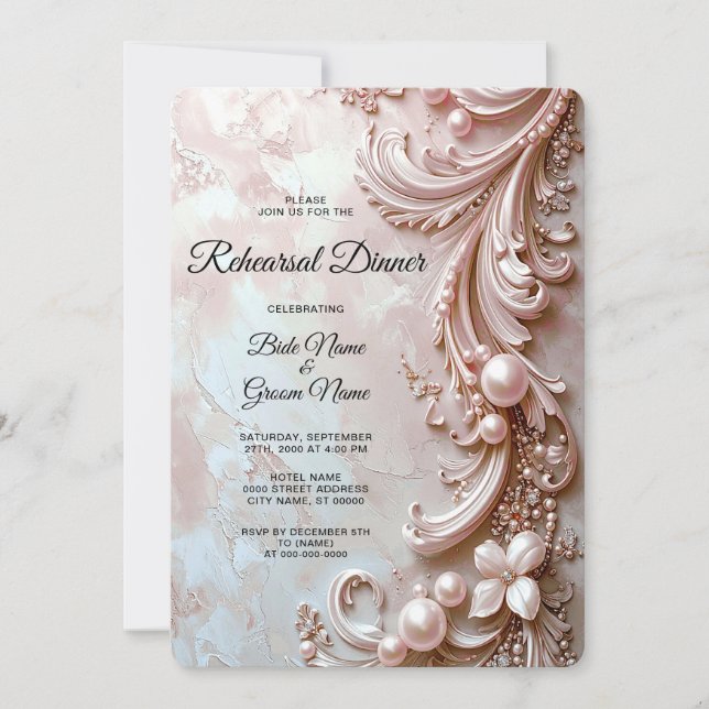 Pink Ornate Pearl and Floral Rehearsal Dinner Invitation (Front)