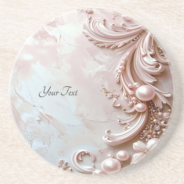 Pink Ornate Pearl and Floral Sandstone Coaster (Front)