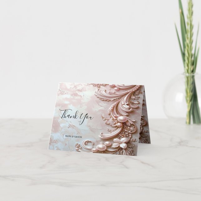 Pink Ornate Pearl and Floral Thank You Card (Front)