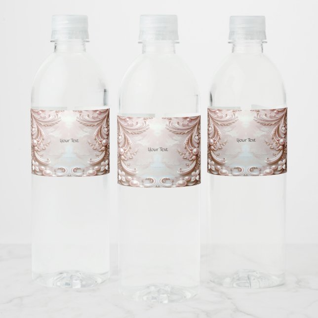 Pink Ornate Pearl and Floral Water Bottle Label (Bottles)