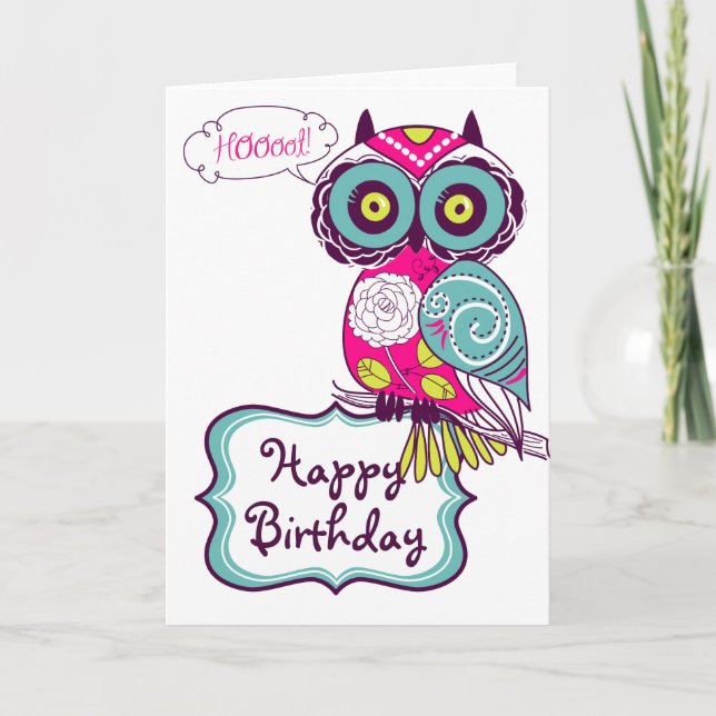 Pink Ornate Retro Floral Owl Happy Birthday Card (Front)