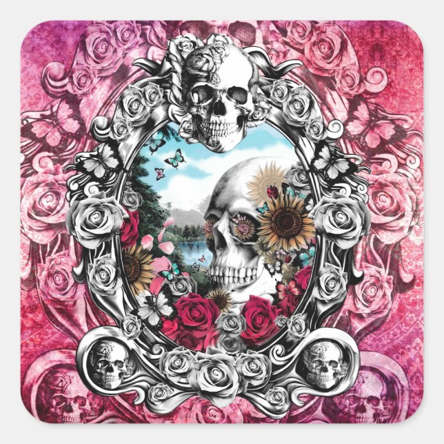 Pink Ornate skull landscape Square Sticker (Front)