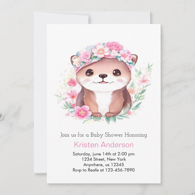 Pink Otter Wildflower Whimsical Girl Baby Shower Invitation (Front)