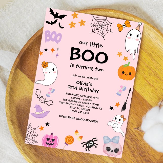 Pink Our Little Boo Halloween 2nd Birthday  Invitation (Pink Our Little Boo Cute Ghost Halloween 2nd Birthday Invitation )