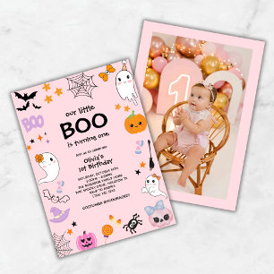 Pink Our Little Boo Photo Halloween 1st Birthday  Invitation