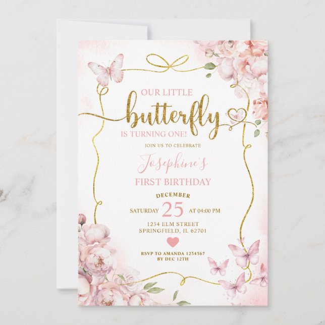 Pink Our Little Butterfly Floral Girl 1st Birthday Invitation (Front)