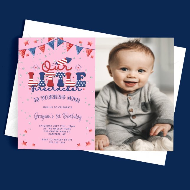Pink Our Little Firecracker 1st Birthday Photo Invitation (Creator Uploaded)