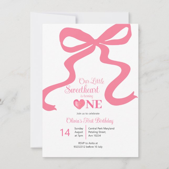 Pink Our Sweetheart Is Turning One Invitation (Front)