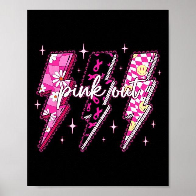 Pink Out Chequered Lightning Bolt Breast Cancer Aw Poster (Front)