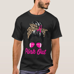 Pink Out Football Mum Leopard Messy Bun Pink Breas T-Shirt