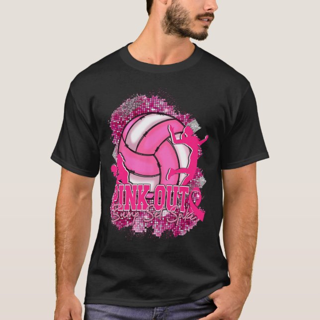 Pink Out Volleybyll Pink Ribbon Breast Cancer Awar T-Shirt (Front)