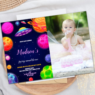 Pink Outer Space Birthday Invitation with Photo