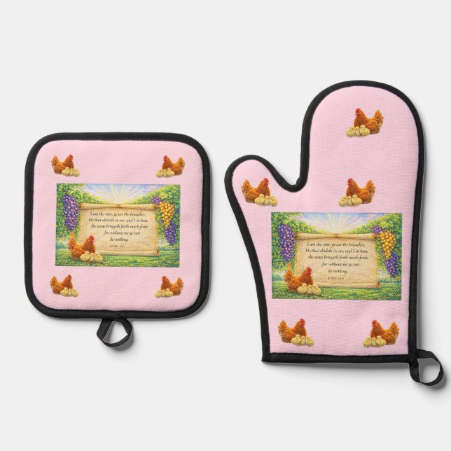 Pink Oven Mitt & Pot Holder Set with Bible Verse (Front)