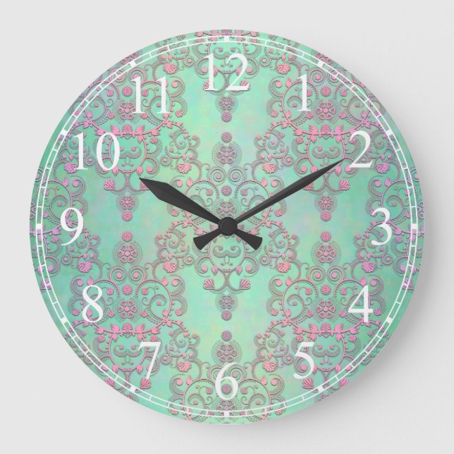 Pink over Mint Green Floral Lace Damask Large Clock (Front)