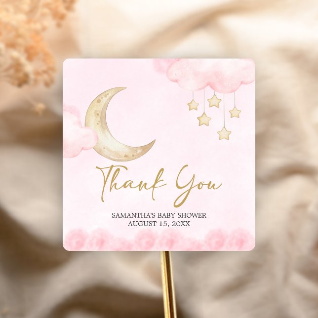 Pink Over the Moon Baby Shower  Square Sticker (Over the Moon Baby Shower Sticker)