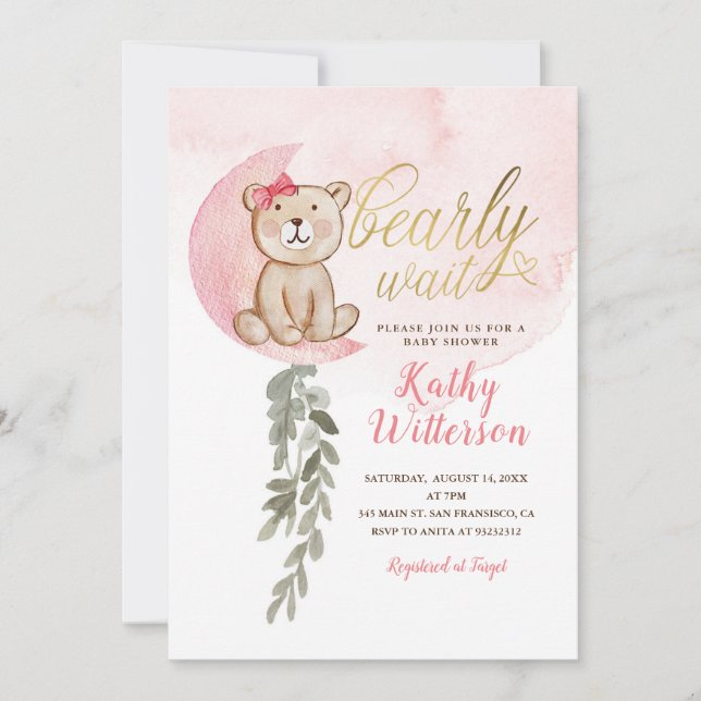 Pink over the moon Bear Girl Baby Shower Invitation (Front)