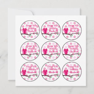 Pink Owl 10th Birthday Cupcake Toppers Invitation