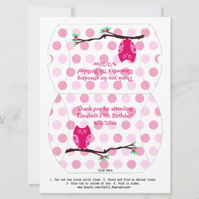 Pink Owl 7th Birthday Pillow Favour Box Invitation (Front)