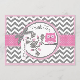 Pink Owl and Chevron Print Thank You Card