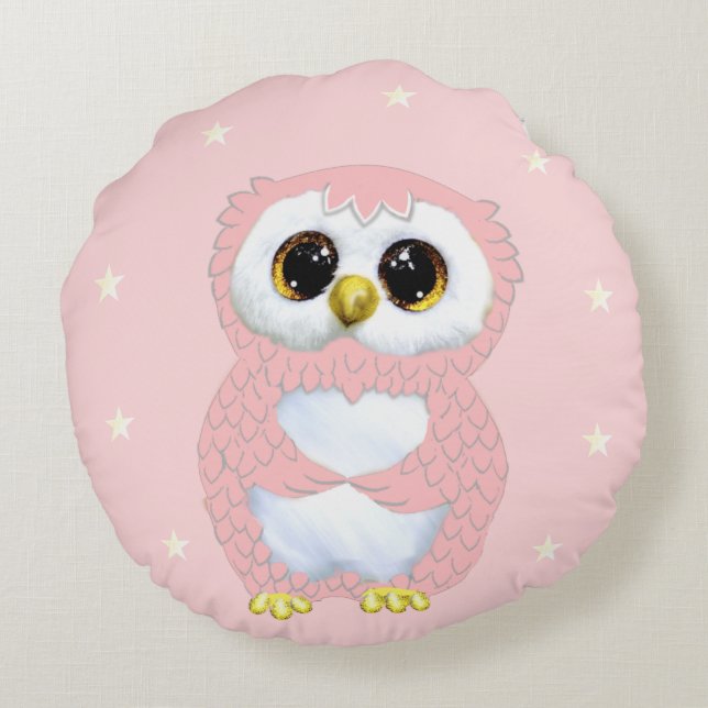 Pink Owl and Stars on Light Pink Round Cushion (Back)