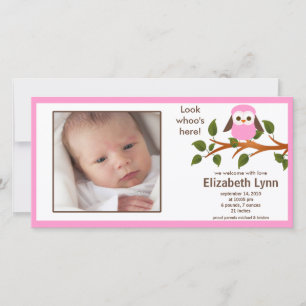 Pink Owl Baby Girl Birth Annoucement Announcement