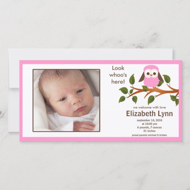 Pink Owl Baby Girl Birth Annoucement Announcement (Front)